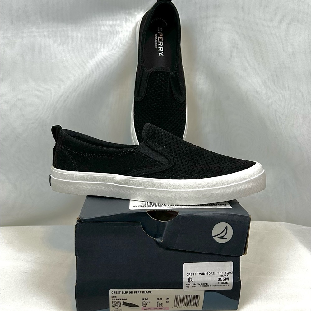 NEW Sperry Women’s Crest Twin Perforated Slip On Black Sneakers / size 5.5